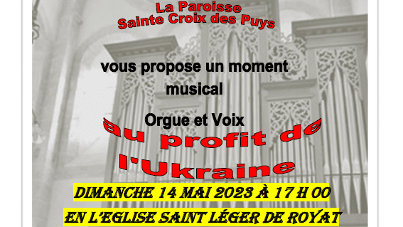 Affiche concert à l'église St Léger de Royat au profit de l'Ukraine le 14 mai 2023 à 17h